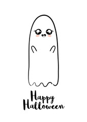 Cute ghost with face. Happy Halloween greeting card on Halloween. .