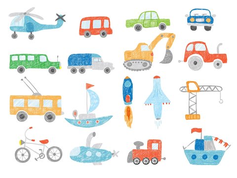 Transport doodles. Kids drawing technics tractor cars plane and ship vector pictures isolated. Illustration transport toys sketch, excavator and helicopter