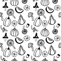 Cute pumpkins monochrome hand drawn pattern background. Ideal for wrapping paper, poster, advert, apparel, cloth.