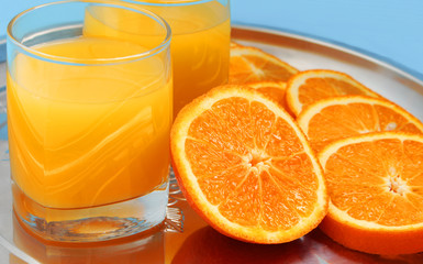 orange juice in glasses with oranges on a tray