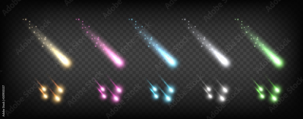 Wall mural falling comets. colorful glow effects. shine lightning vector abstract template. falling effect ligh