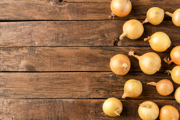 Fresh onion bulbs on rustic wooden table with copyspace. Top view