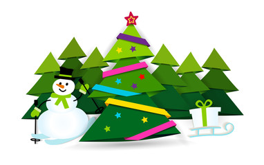 Banner Merry Christmas. Paper ribbon on Christmas tree with star and Christmas balls. paper cut and craft style. Vector illustration.