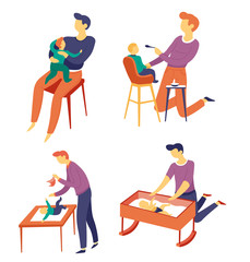Fatherhood, father and child, feed and change diaper, isolated characters