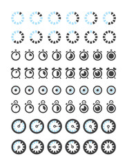 Clock icons. Timers symbols hours minutes stop clock alarm vector collection. Illustration timer alarm and clock, minute and hour