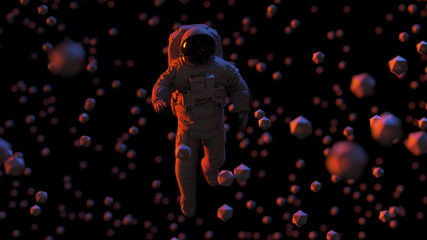 astronaut flying between geometric objects 