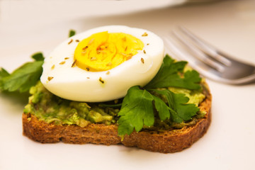 Guacamole toast and hard boiled egg with parsley, healthy diet concept