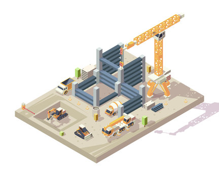 Construction isometric. Outdoor building high appartment construction workers vehicles yellow cars crane transporter excavator vector. Illustration construction site with block isometric