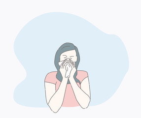 symptoms of a cold patient. hand drawn style vector design illustrations. runny nose character. Health And Pain. the girl is sick
