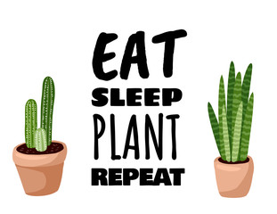 Eat sleep plant repeat banner. Cactus potted succulent plant postcard. Cozy lagom scandinavian style poster