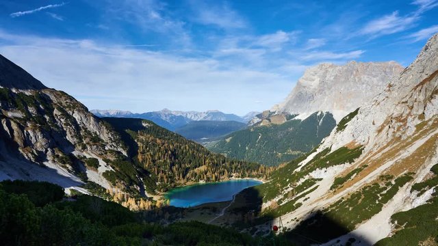 majestic autumn timelapse view over Seebensee and Zugspitze in Ehrwald in the Austrian Alps.