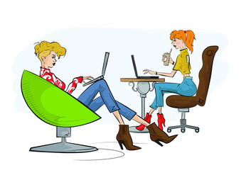 Sketch of two women working on laptop. Vector illustration