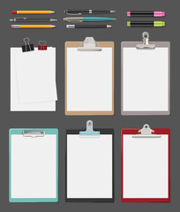 Clipboard. Office supplies blank sheet notes on tablet vector clipboard realistic collection. Clipboard and sheet, pencil nd pen for office illustration
