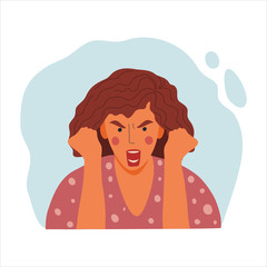 Women emotional portrait, hand drawn flat design concept illustration of angry girl, female face and clenched fists avatar. Vector icon