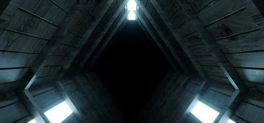 Concrete Cement Sci Fi Futuristic Dark Abstract Alien Spaceship Tunnel Corridor Blue White LIghts Empty Background Underground 3D Rendering