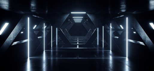Cyber Sci Fi Futuristic Modern Spaceship Alien Club Tunnel Corridor Underground Concrete Reflections Empty Neon Led Laser Blue Pylon Lights 3D Rendering