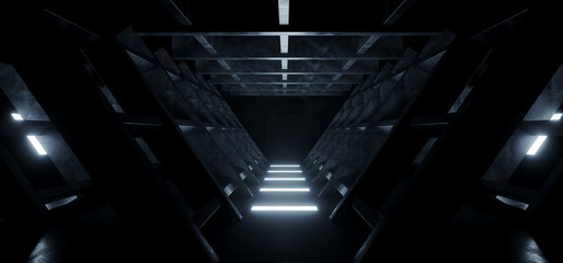 Fototapeta na wymiar Triangle Shaped Cement Concrete Underground Structures Construction Tunnel Corridor Dark Empty Night Sci Fi Futuristic Led Lights White 3D Rendering