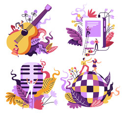Music playing and listening isolated icons, singing and dancing
