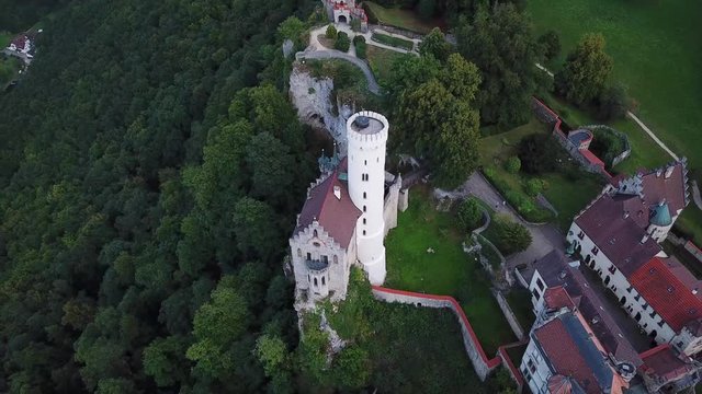 Aerial view of Lichtenstein castle in cloudy weather. Germany in the summer