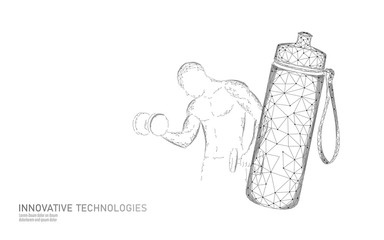 Water aqua bottle athlete rehydration concept. Health care against dehydration isotonic electrolytes drink. Dumbbell workout strong man fitness gym exercise. Low poly 3D vector illustration