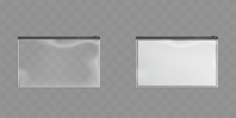Clear plastic zipper bags isolated on transparent background. Vector set of translucent pockets sealed by black ziplock. Empty packet and package with blank paper. Realistic 3d mockup © vectorpocket