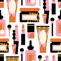 Seamless pattern of fashionable cosmetics, accesories, care, tube