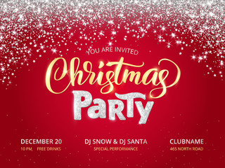 Christmas party poster template. Sparkling glitter holiday background