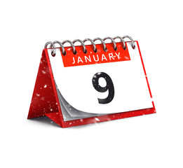 3D rendering of snowy red desk paper January 9 date - calendar page isolated on white