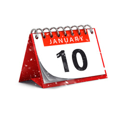 3D rendering of snowy red desk paper January 10 date - calendar page isolated on white