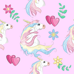 Cartoon seamless pattern. Unicorn with rainbow and clouds, designed print.