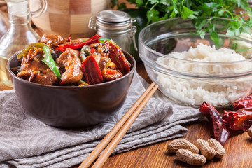 Homemade Kung Pao chicken with peppers and vegetables