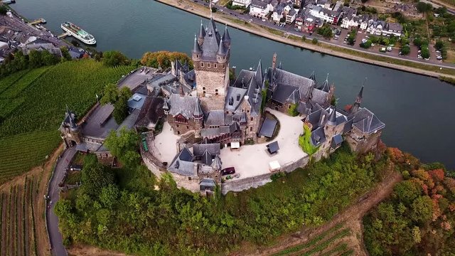 Aerial view of Cochem Castle and Moselle River. Germany in the summer