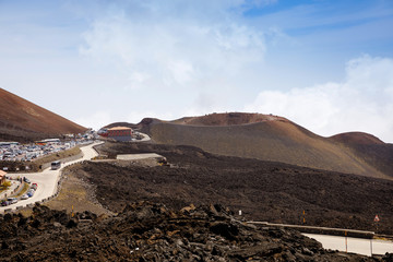 Panoramic wide view of the active volcano Etna on island Sicily, Italy extinct craters on the...