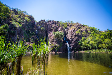 See mit Wasserfall im Wald