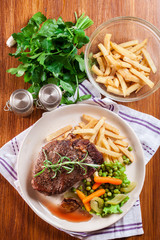 Beef steak served with baked potatoes