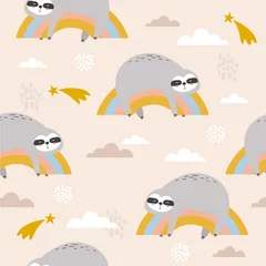 Wall murals Sloths Sloths, stars, rainbow and clouds hand drawn backdrop. Colorful seamless pattern with animals. Decorative cute wallpaper, good for printing. Overlapping background vector. Design illustration