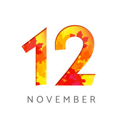 12 th of November calendar numbers. 12 years old autumn logotype. Anniversary digits with leaves. Isolated abstract graphic design template. White background. Up to 12% percent off creative discount.