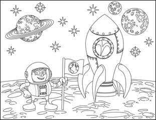 A space cartoon coloring scene background page with rocket, astronaut and planets