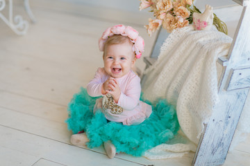 Image of sweet baby girl in a wreath, closeup portrait of cute 8 month-old smiling girl,  toddler.