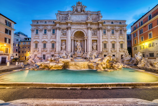 Illuminated Fontana Di Trevi, Trevi Fountain at Dusk, Rome