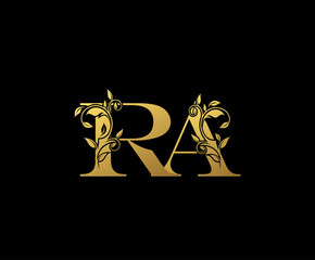 Golden letter R and A and RA  vintage decorative letter logo icon.	