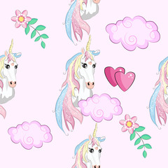 Seamless pattern with Unicorns, rainbows and hearts, trendy cartoon patches.