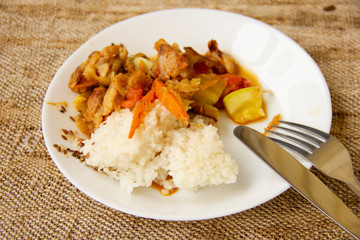 rice and vegetable stew with chicken meat on a white plate. Home cooked food. Asian recipes