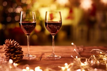 Christmas still life with glasses of red wine