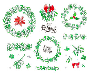 Christmas seamless brushes from mistletoe branches with wreath and red bow. Vector set. For printed materials, prints, posters, cards, logo. Holiday background. Hand drawn decorative elements. 