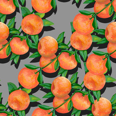 Hand drawn tropical seamless pattern. Realistic botanical drawing with acrylic paint. Branch with tangerine fruits with shadow on gray background. Design for wallpaper, wrapping, card, posters, fabric