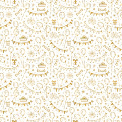 Vector Holiday or Birthday Seamless pattern. Hand Drawn Doodle Balloons, Buntings Flags, Gift Boxes and Stars. Golden Festive Background. Golden Holiday Wallpaper