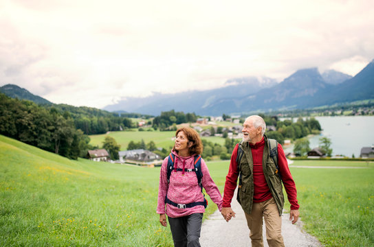 A front view of senior pensioner couple hiking in nature, holding hands.
