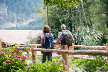 A rear view of senior pensioner couple hiking, walking.