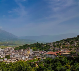 Aerial panoramic view to Gjirokaster city, Albania